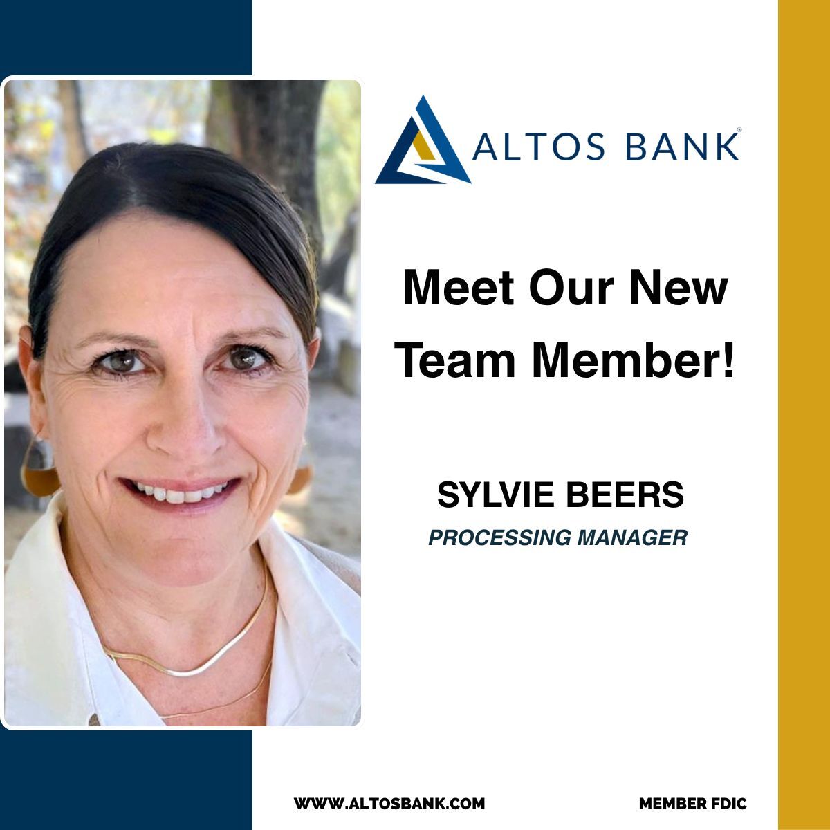 Altos Bank welcomes Sylvie Beers as Processing Manager.